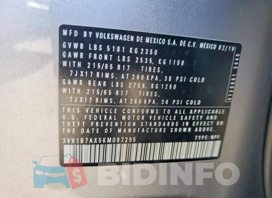3VV1B7AX5KM097295 Photo# 13