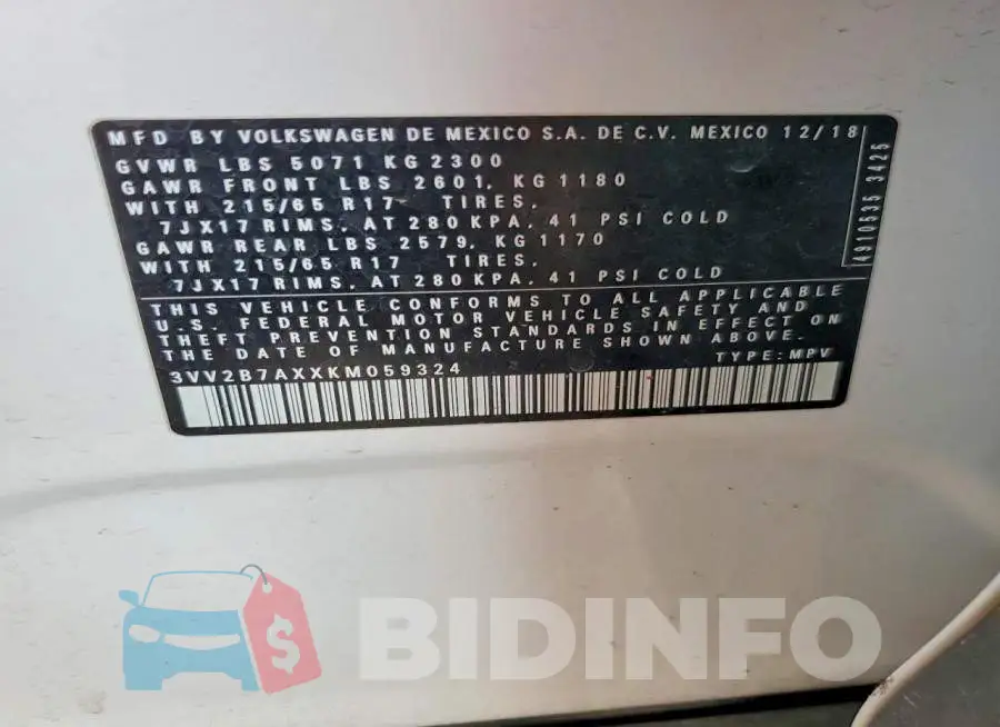 3VV2B7AXXKM059324 Photo# 13