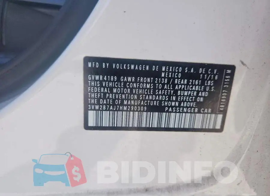 3VW2B7AJ7HM290309 Photo# 12