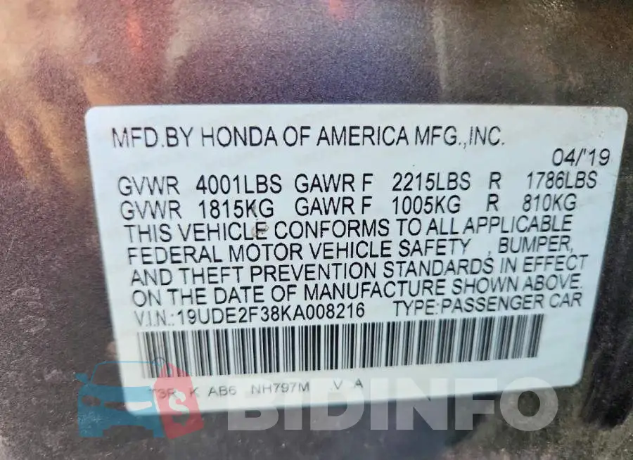 19UDE2F38KA008216 Photo# 13