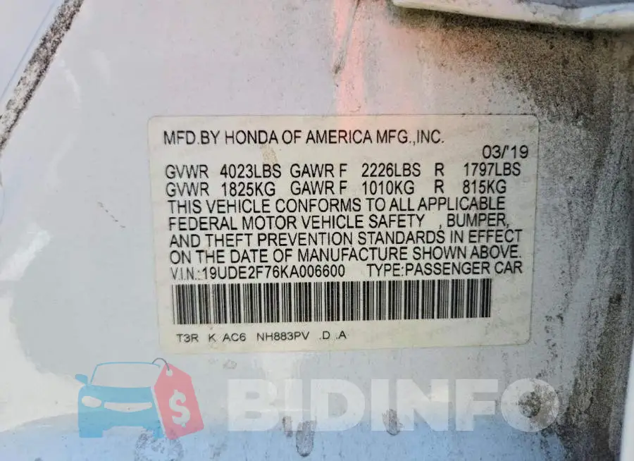 19UDE2F76KA006600 Photo# 13