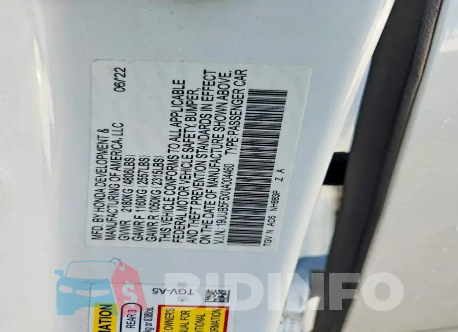 19UUB5F5XNA004460 Photo# 13