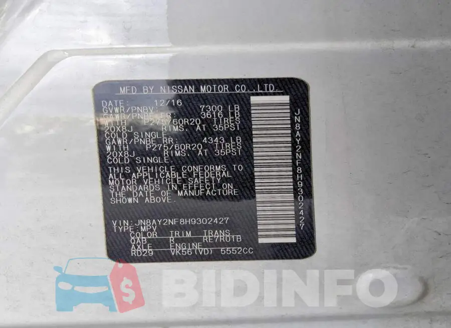 JN8AY2NF8H9302427 Photo# 13
