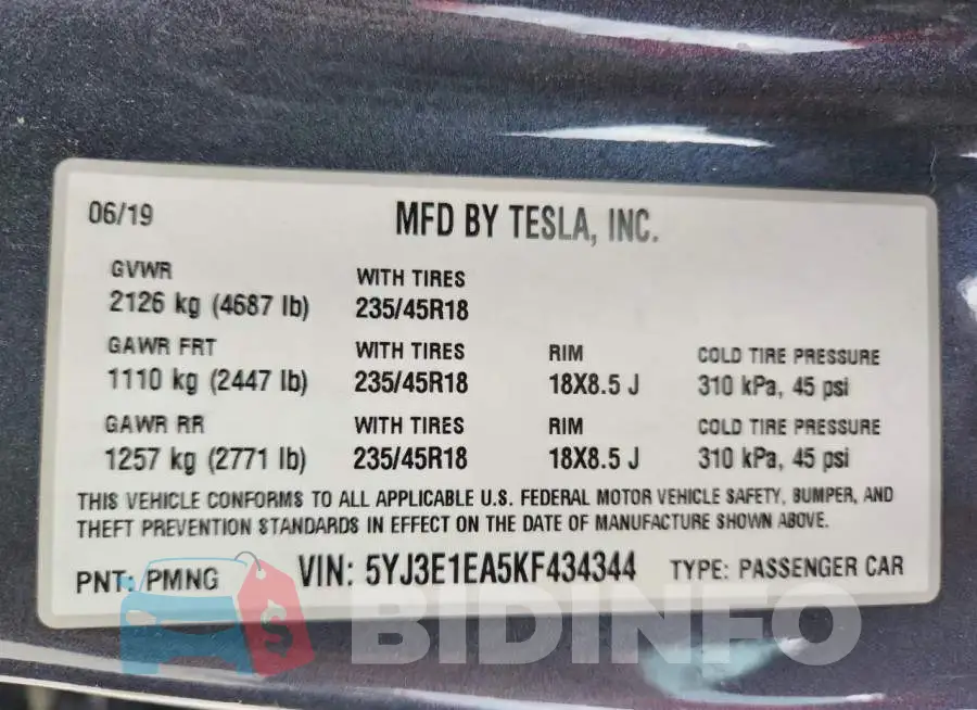 5YJ3E1EA5KF434344 Photo# 12