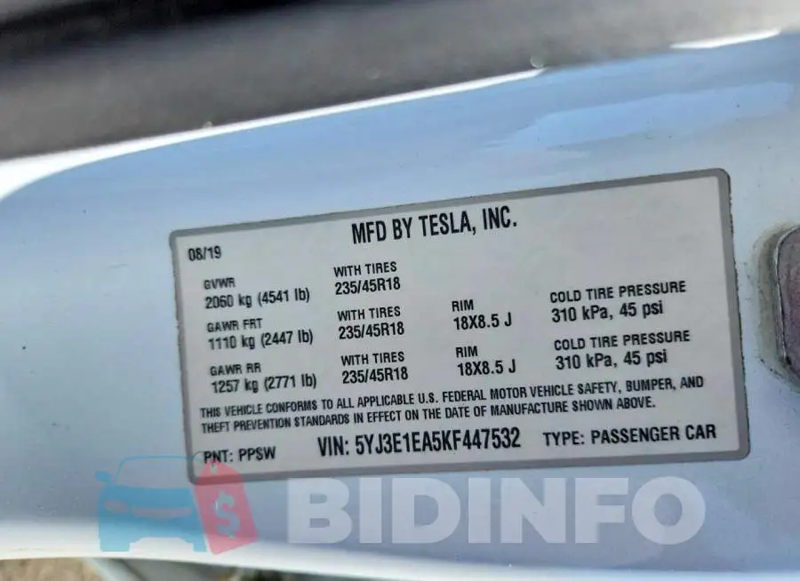 5YJ3E1EA5KF447532 Photo# 12