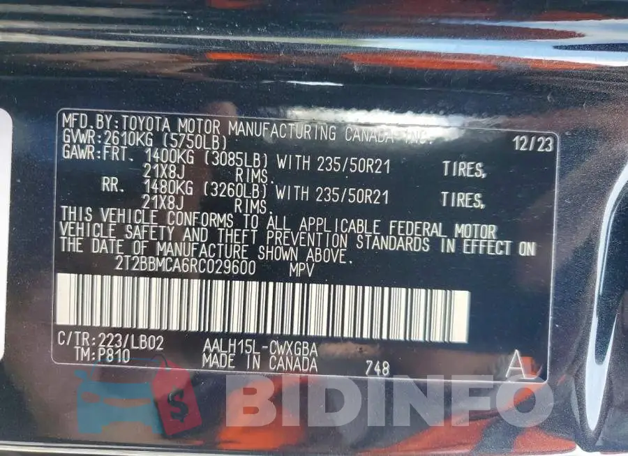 2T2BBMCA6RC029600 Photo# 13