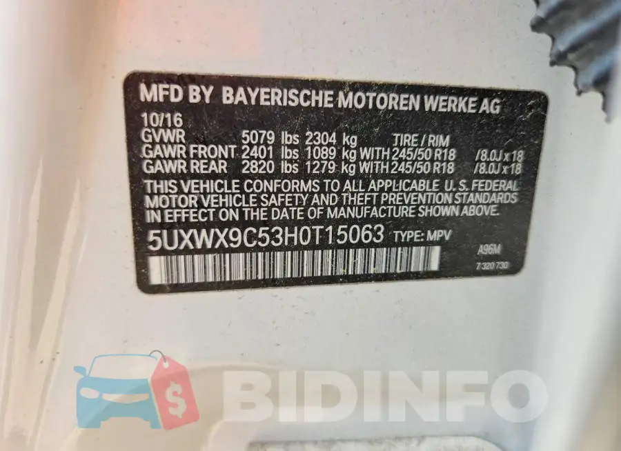 5UXWX9C53H0T15063 Photo# 14