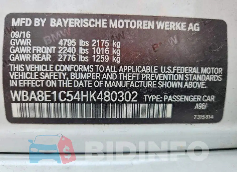 WBA8E1C54HK480302 Photo# 12