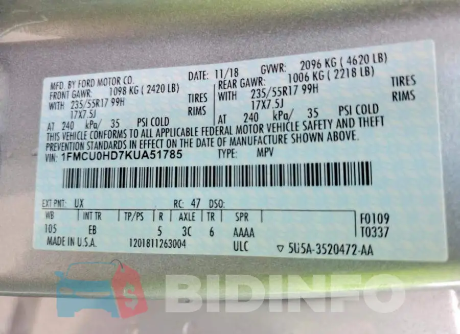 1FMCU0HD7KUA51785 Photo# 13