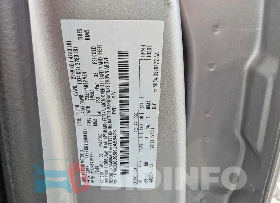 1FMCU0J95KUA56473 Photo# 13