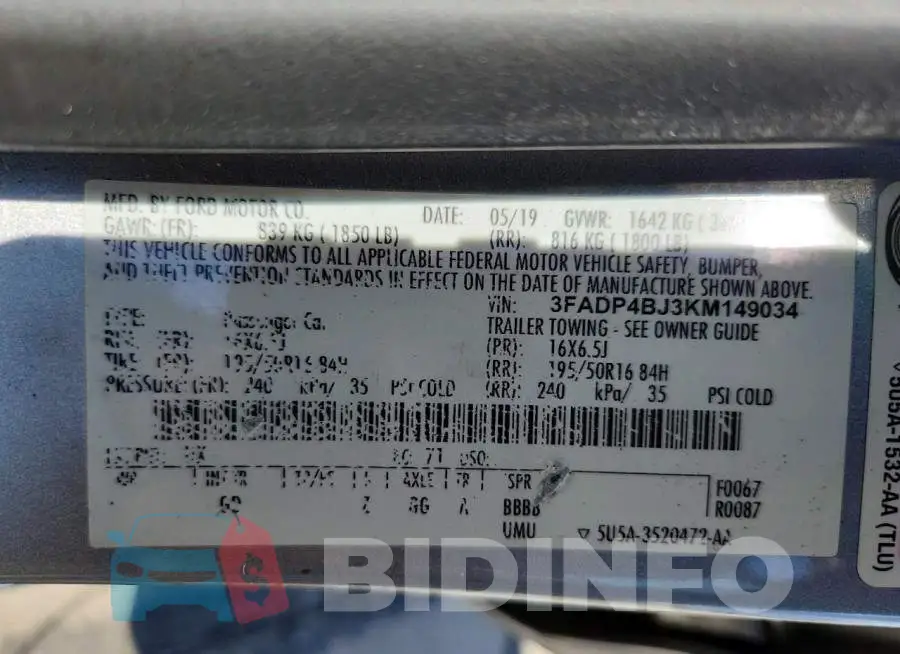 3FADP4BJ3KM149034 Photo# 12
