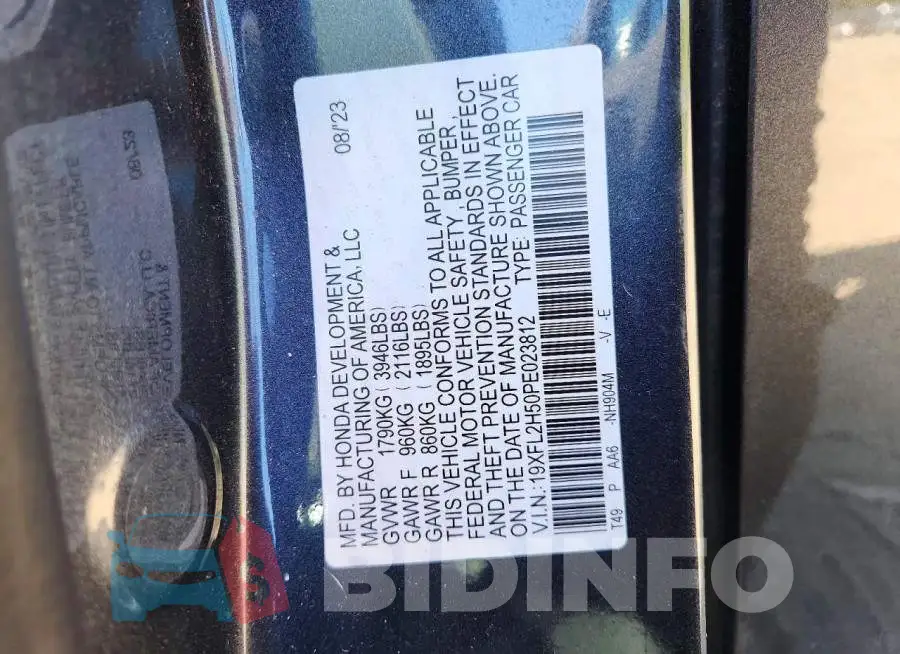 19XFL2H50PE023812 Photo# 12
