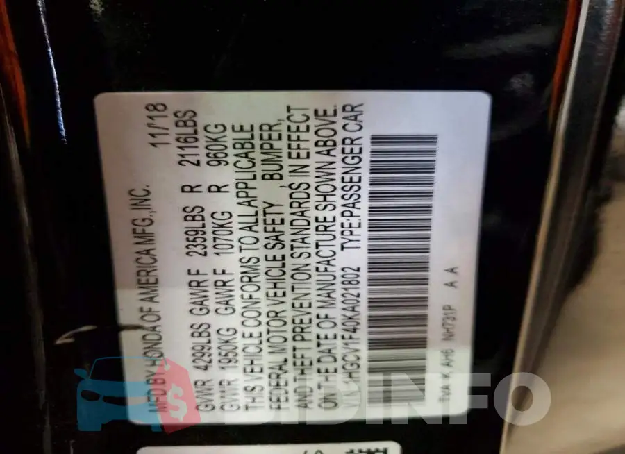 1HGCV1F40KA021802 Photo# 13