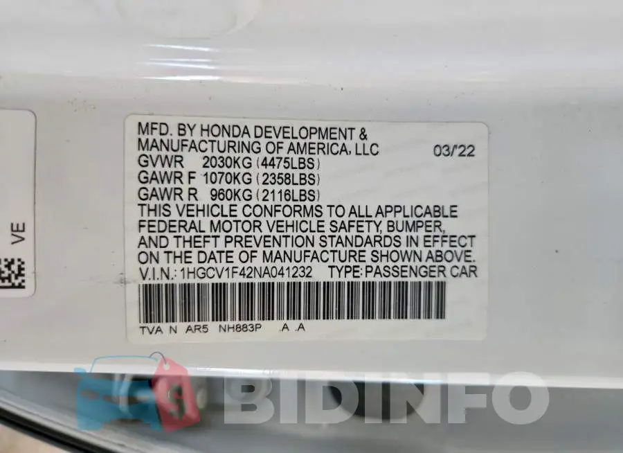 1HGCV1F42NA041232 Photo# 12