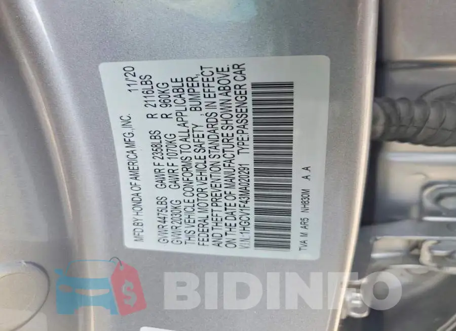 1HGCV1F43MA020291 Photo# 13