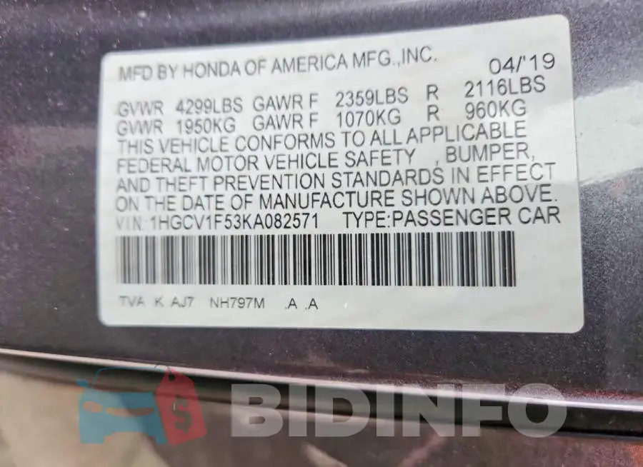 1HGCV1F53KA082571 Photo# 13