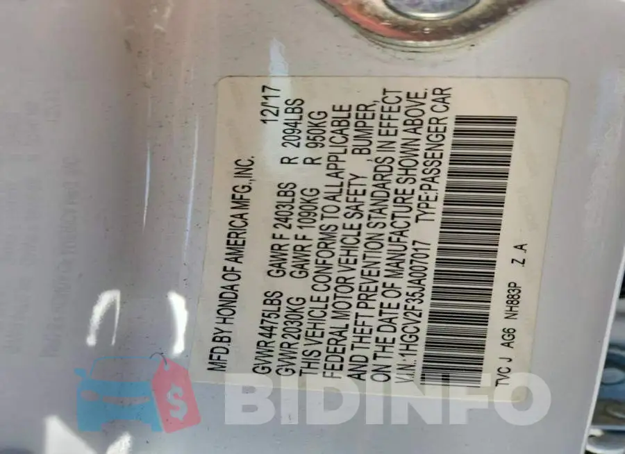 1HGCV2F35JA007017 Photo# 12