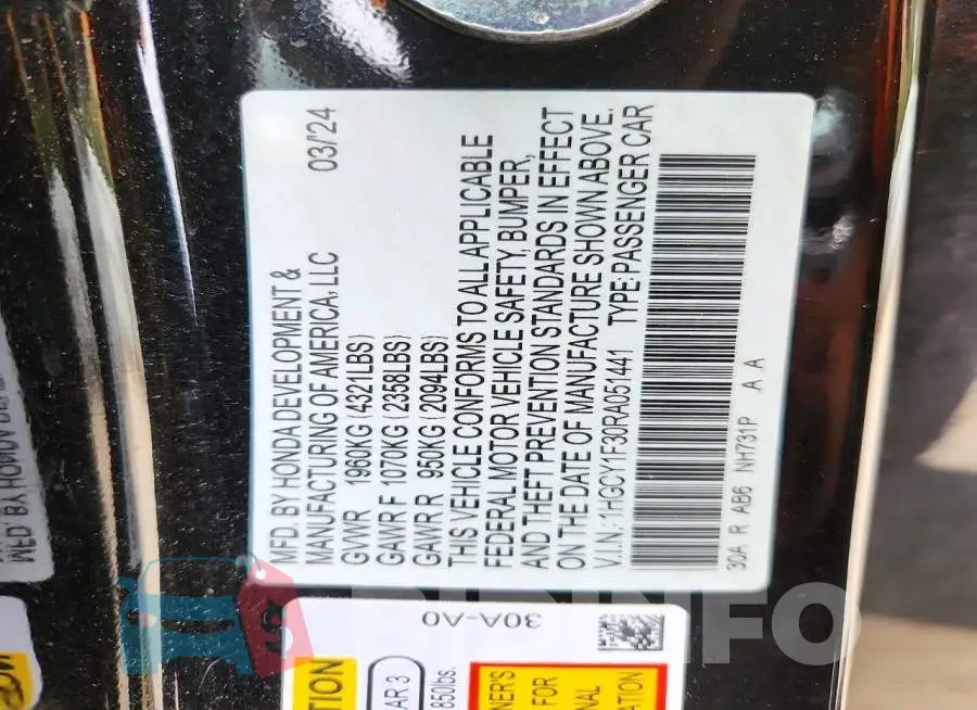 1HGCY1F30RA051441 Photo# 13