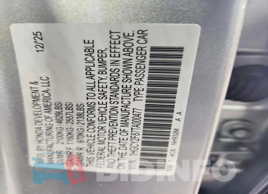 1HGCY2F87TA000477 Photo# 12