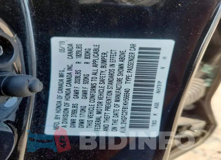 2HGFC2F81KH566940 Photo# 12
