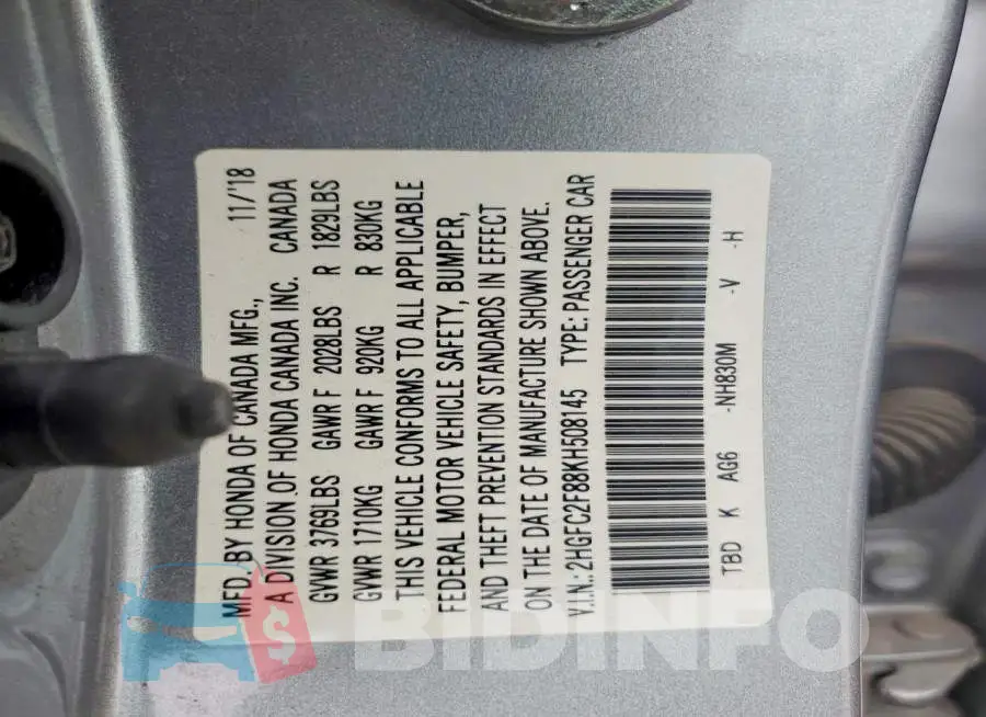 2HGFC2F88KH508145 Photo# 12