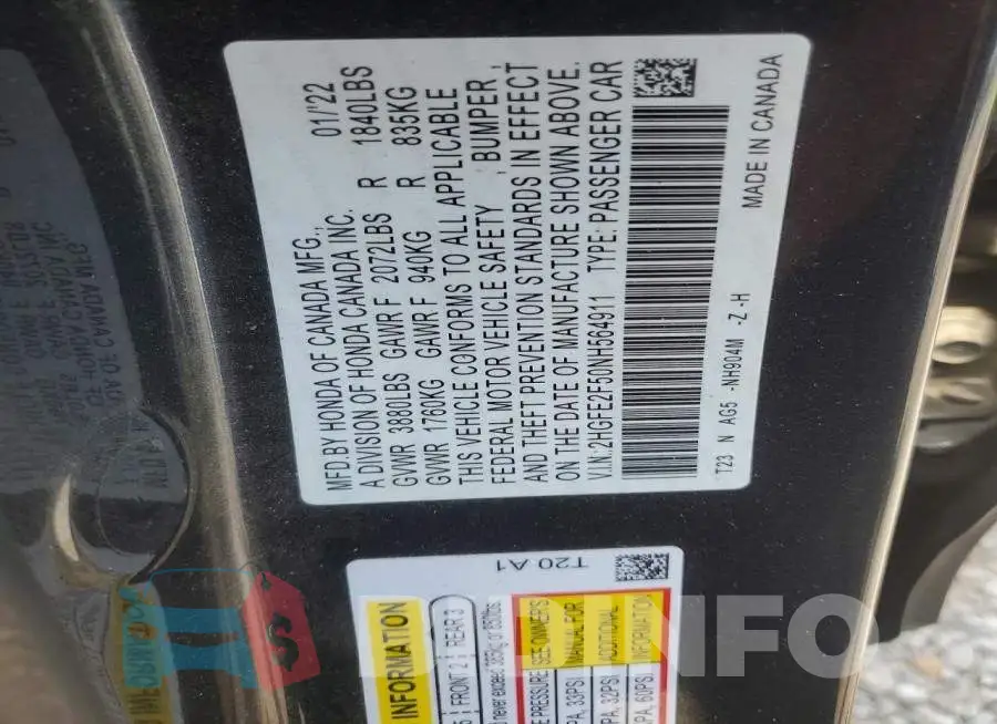2HGFE2F50NH564911 Photo# 12