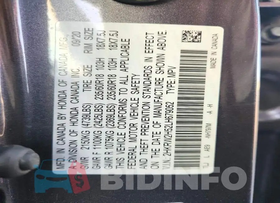 2HKRW2H52LH679052 Photo# 14