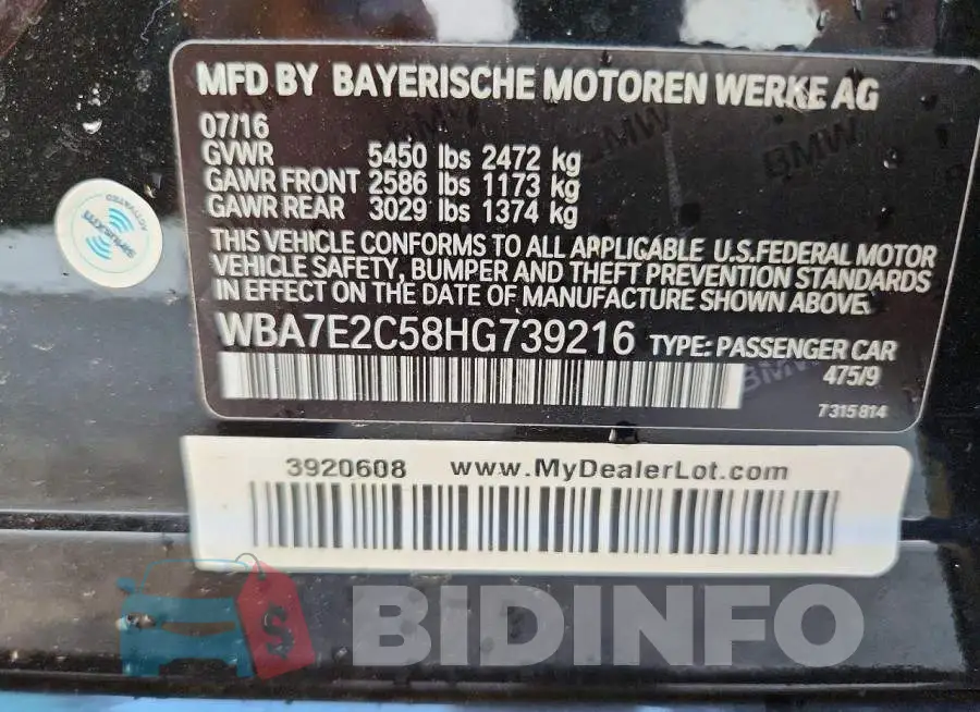 WBA7E2C58HG739216 Photo# 12