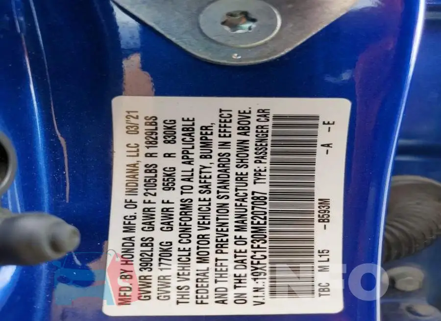 19XFC1F30ME207087 Photo# 12
