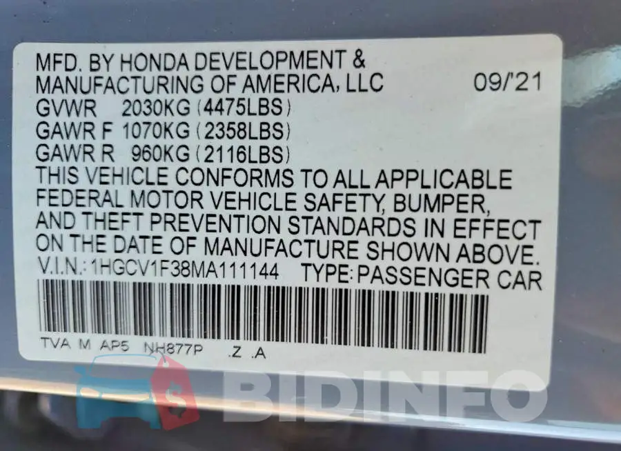 1HGCV1F38MA111144 Photo# 12
