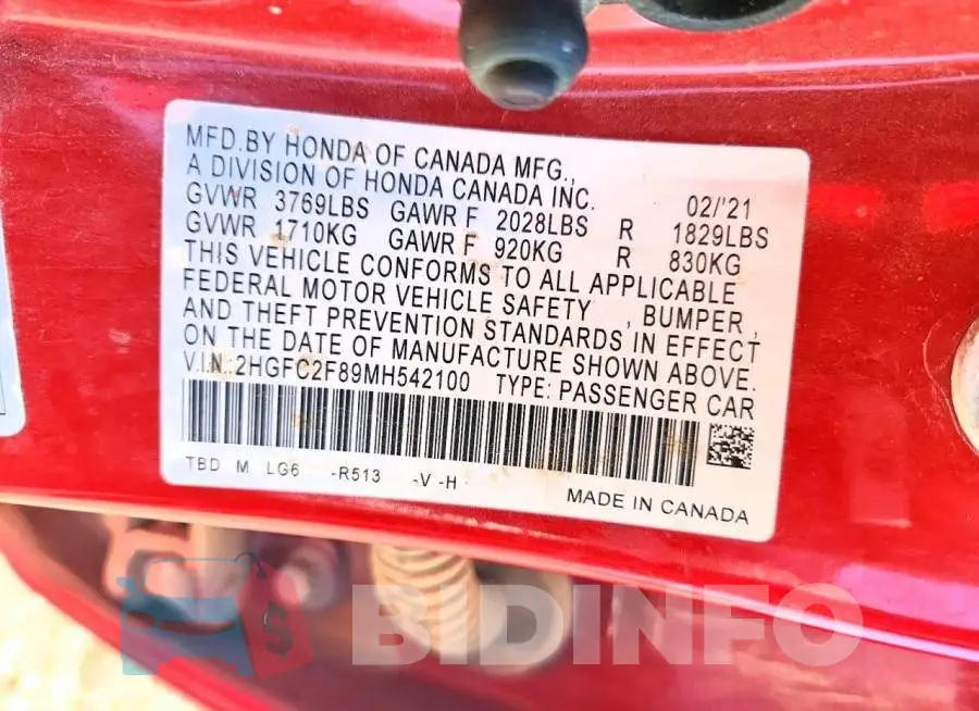 2HGFC2F89MH542100 Photo# 12