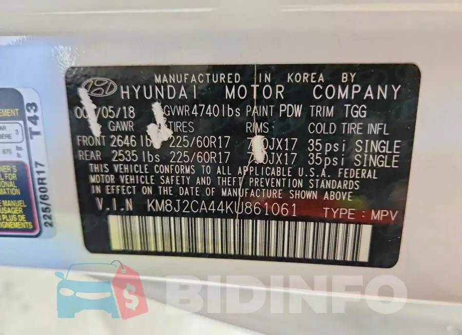 KM8J2CA44KU861061 Photo# 13