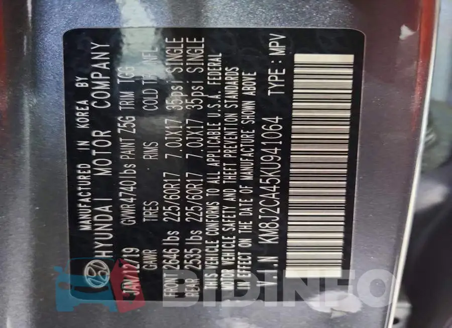KM8J2CA45KU941064 Photo# 14