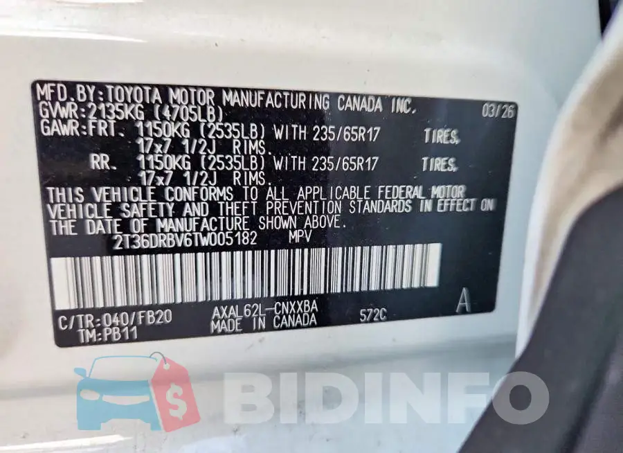 2T36DRBV6TW005182 Photo# 14