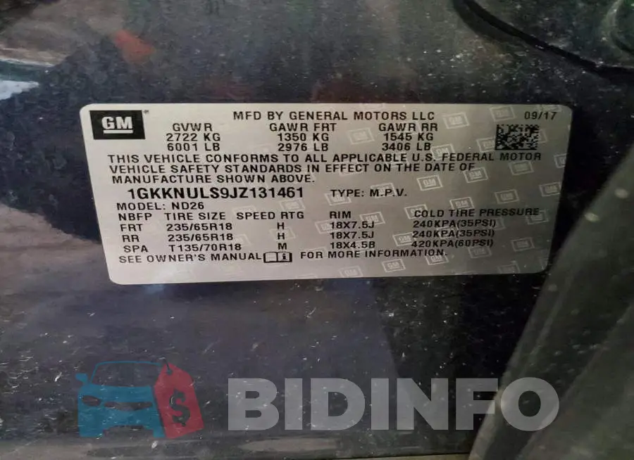 1GKKNULS9JZ131461 Photo# 14