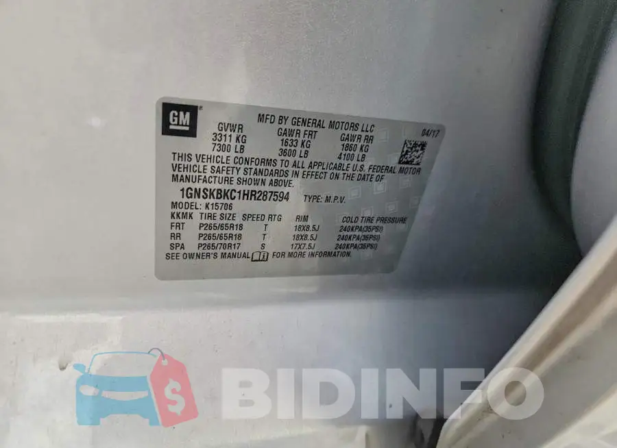 1GNSKBKC1HR287594 Photo# 13