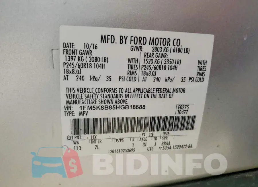 1FM5K8B85HGB18688 Photo# 13