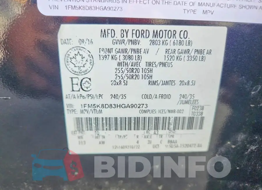 1FM5K8D83HGA90273 Photo# 14