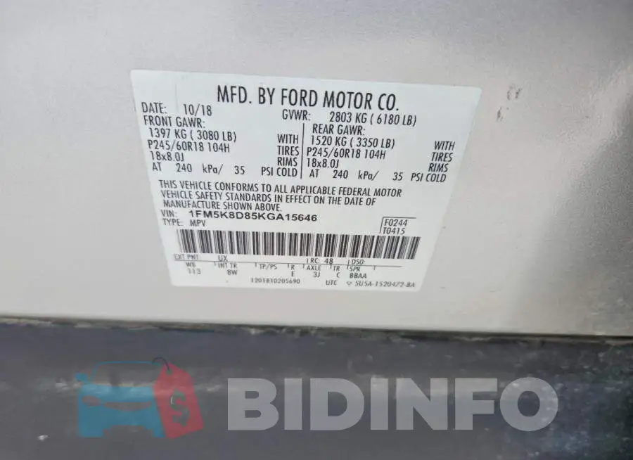 1FM5K8D85KGA15646 Photo# 13