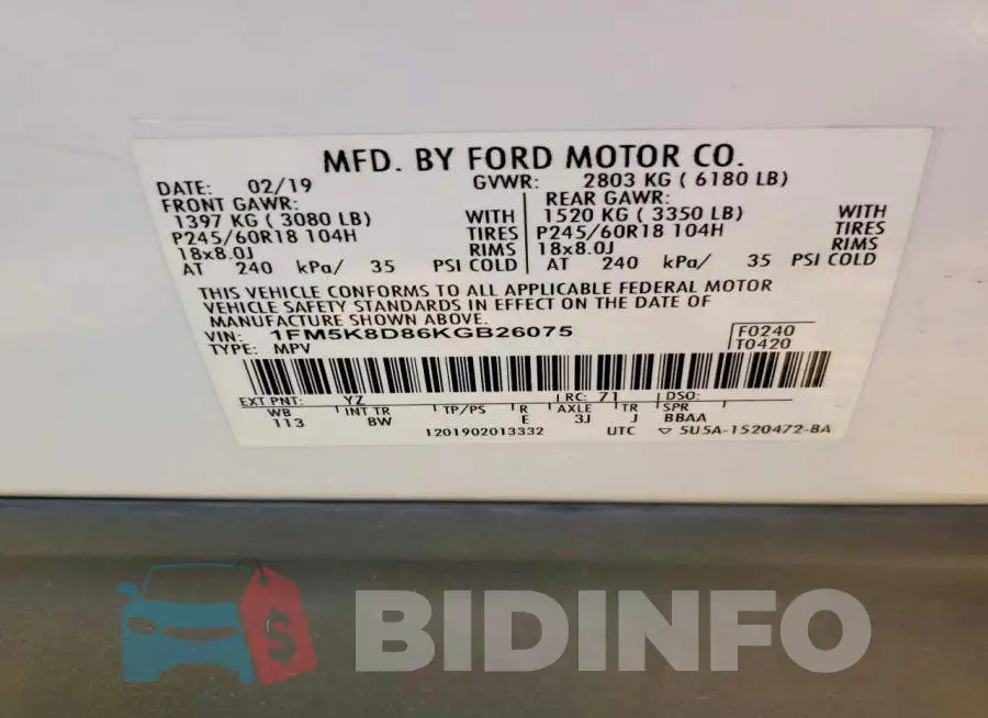 1FM5K8D86KGB26075 Photo# 13