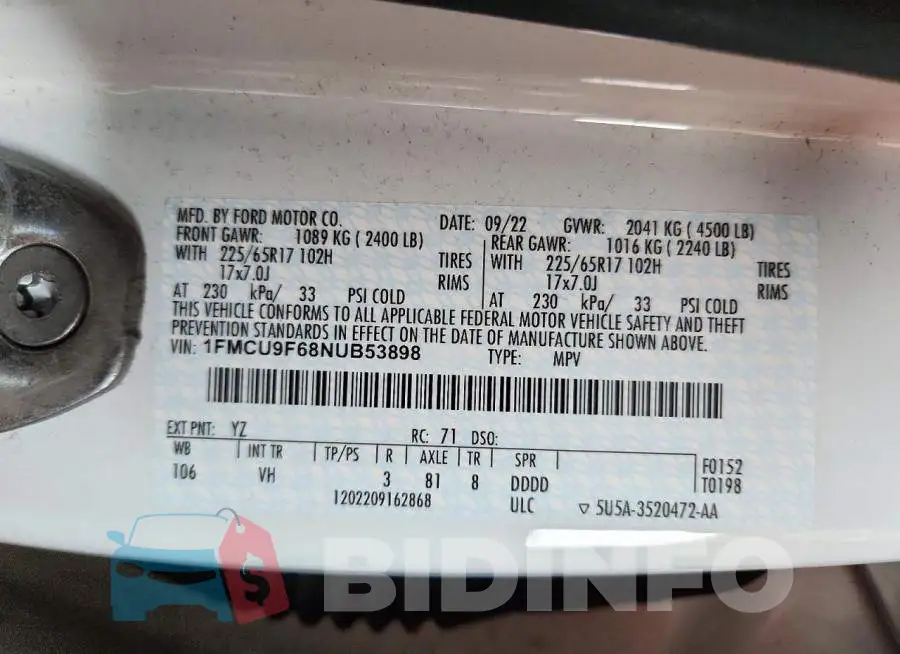 1FMCU9F68NUB53898 Photo# 14