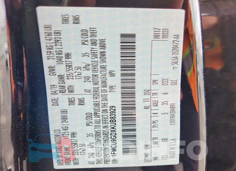 1FMCU9GDXKUB83929 Photo# 13