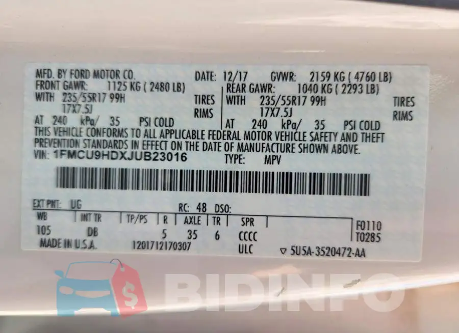 1FMCU9HDXJUB23016 Photo# 14