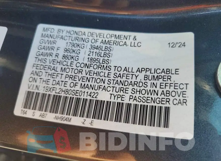 19XFL2H80SE011422 Photo# 12