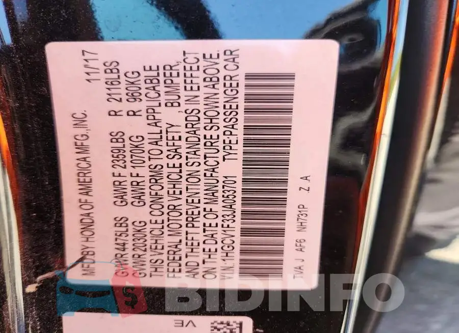 1HGCV1F33JA053701 Photo# 13