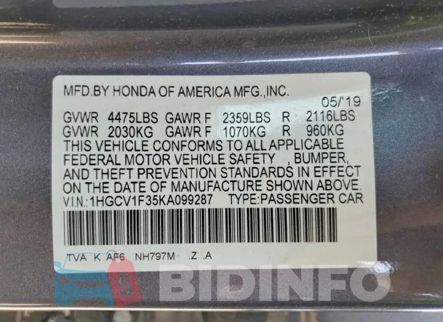 1HGCV1F35KA099287 Photo# 13