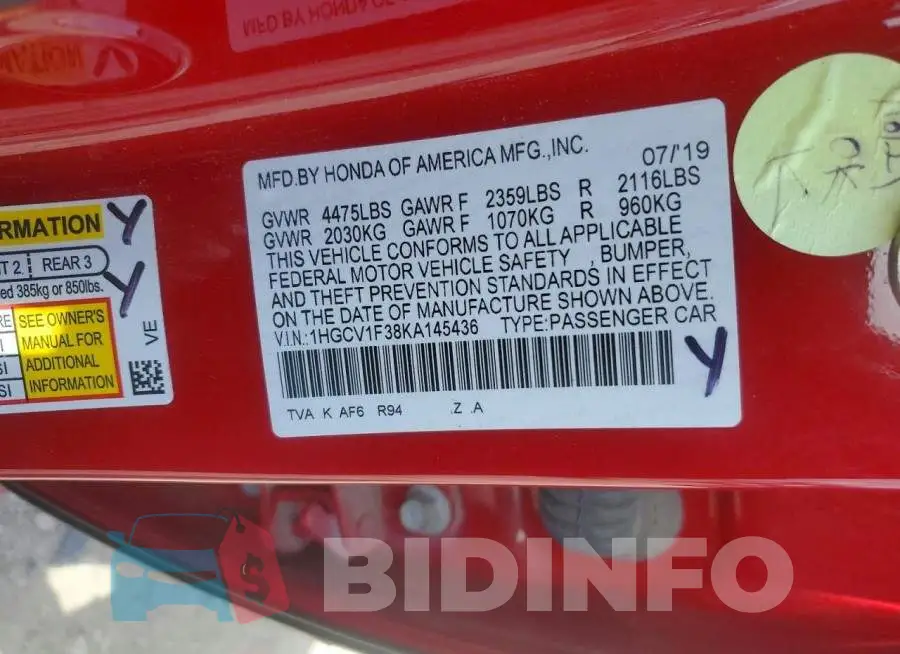1HGCV1F38KA145436 Photo# 12