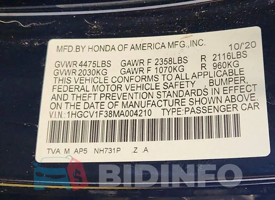 1HGCV1F38MA004210 Photo# 13