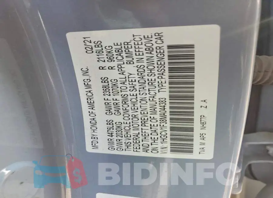 1HGCV1F38MA044383 Photo# 12