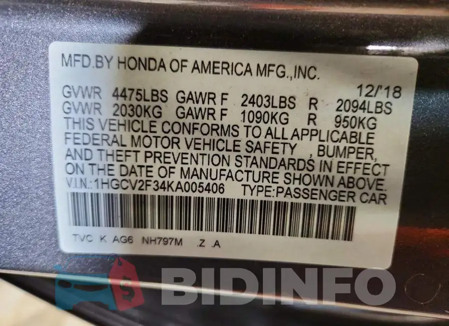 1HGCV2F34KA005406 Photo# 12